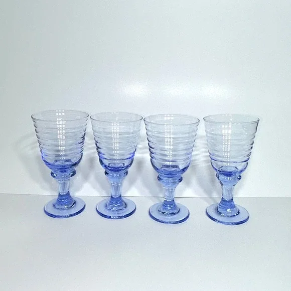 Vtg SET of 4 LIBBEY Sirrus Light Blue Wine Water Goblets- Spool Stem Glasses - Picture 3 of 16